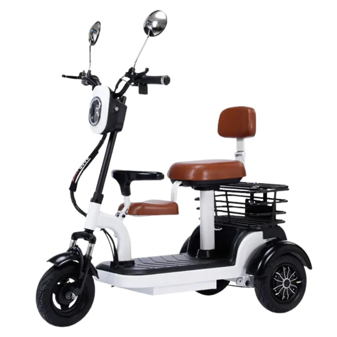 White three-wheeled electric scooter with brown seat and mirrors on a white background