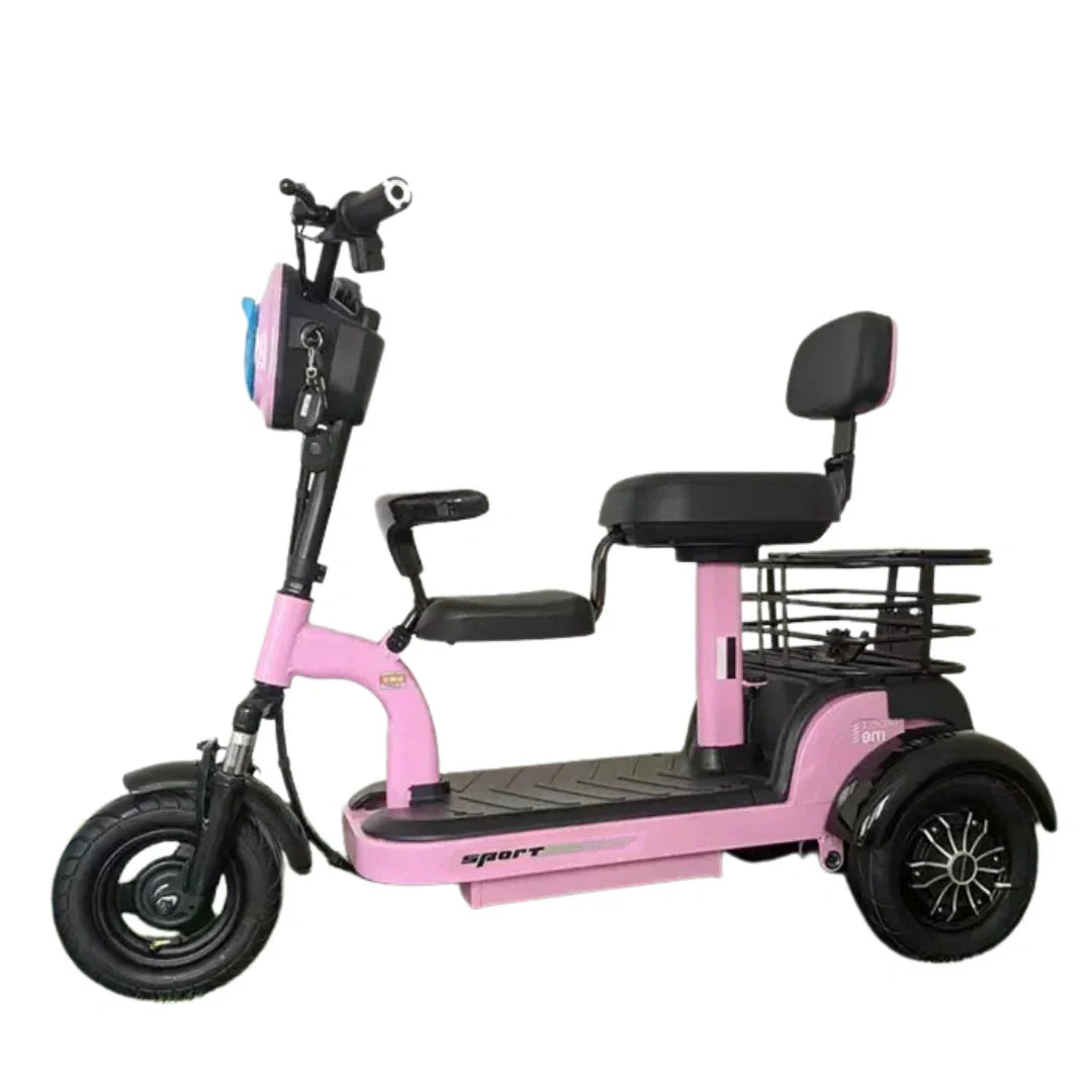 Pink three-wheeled mobility scooter with a seat on a white background