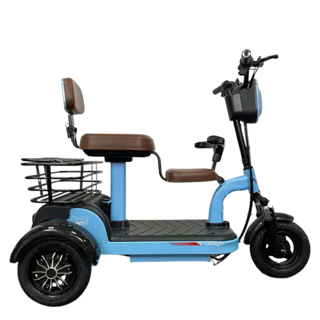 Blue three-wheeled electric scooter with a brown seat on a white background