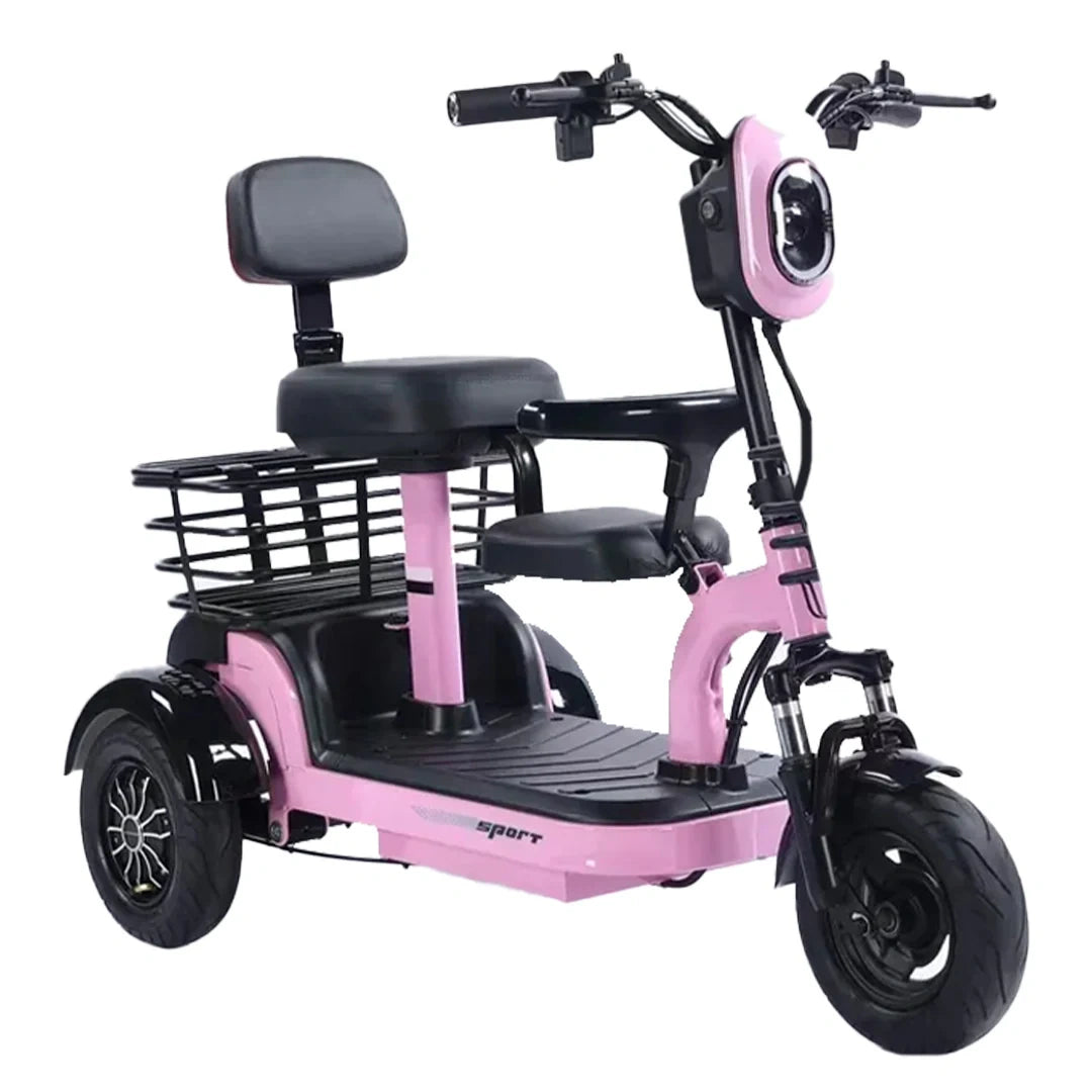 Pink and black three-wheeled electric scooter with a seat and basket on a white background