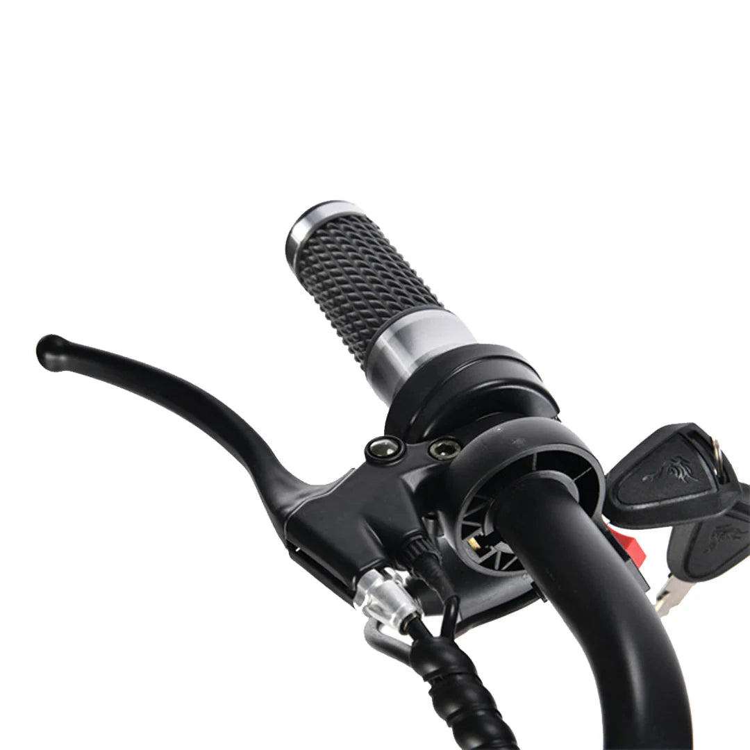 Close-up of a motorcycle handlebar with throttle and brake lever on a white background