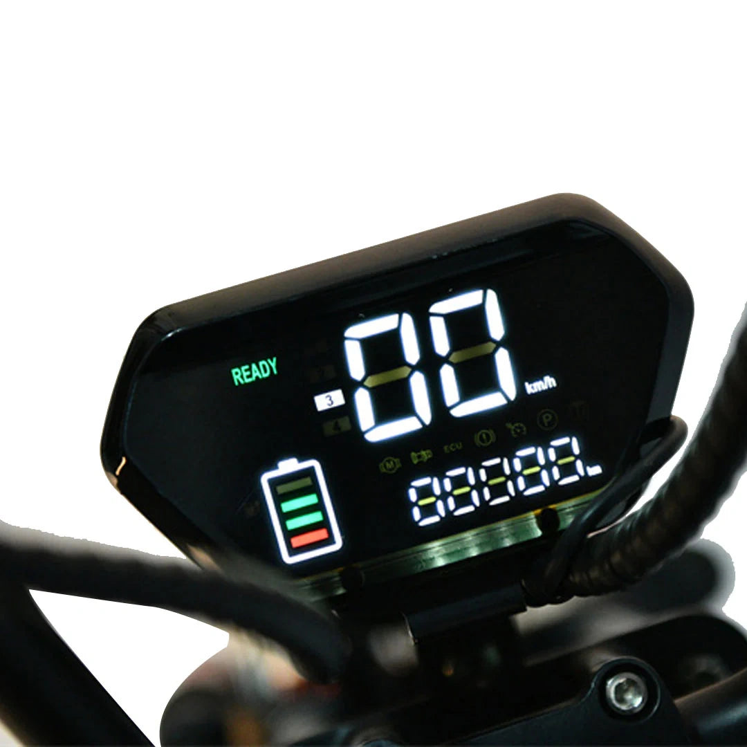 Digital display on a bicycle showing battery level and speed on a white background