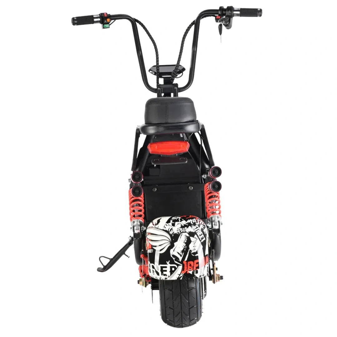 Black and red electric scooter with visible branding on a white background