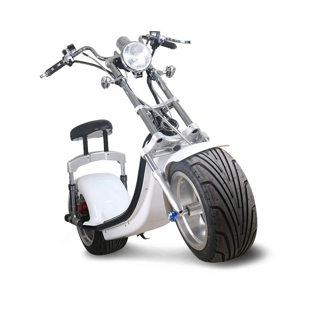 White scooter with large front wheel and smaller rear wheel on a white background