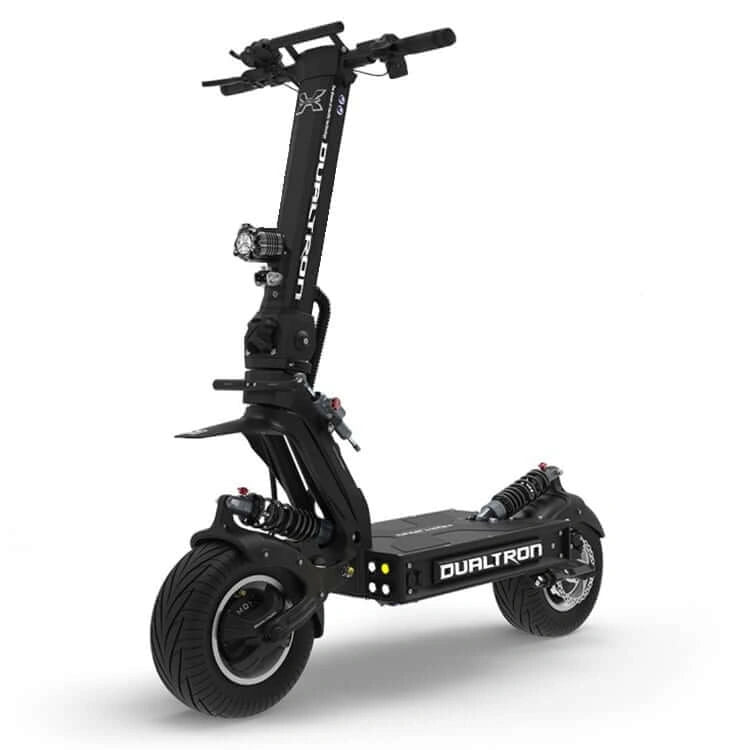 Black electric scooter with 'DUALTRON' branding on a white background