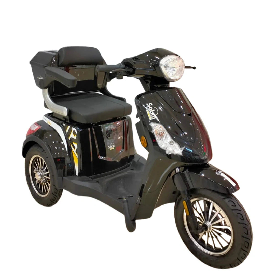 Black three-wheeled mobility scooter on a white background