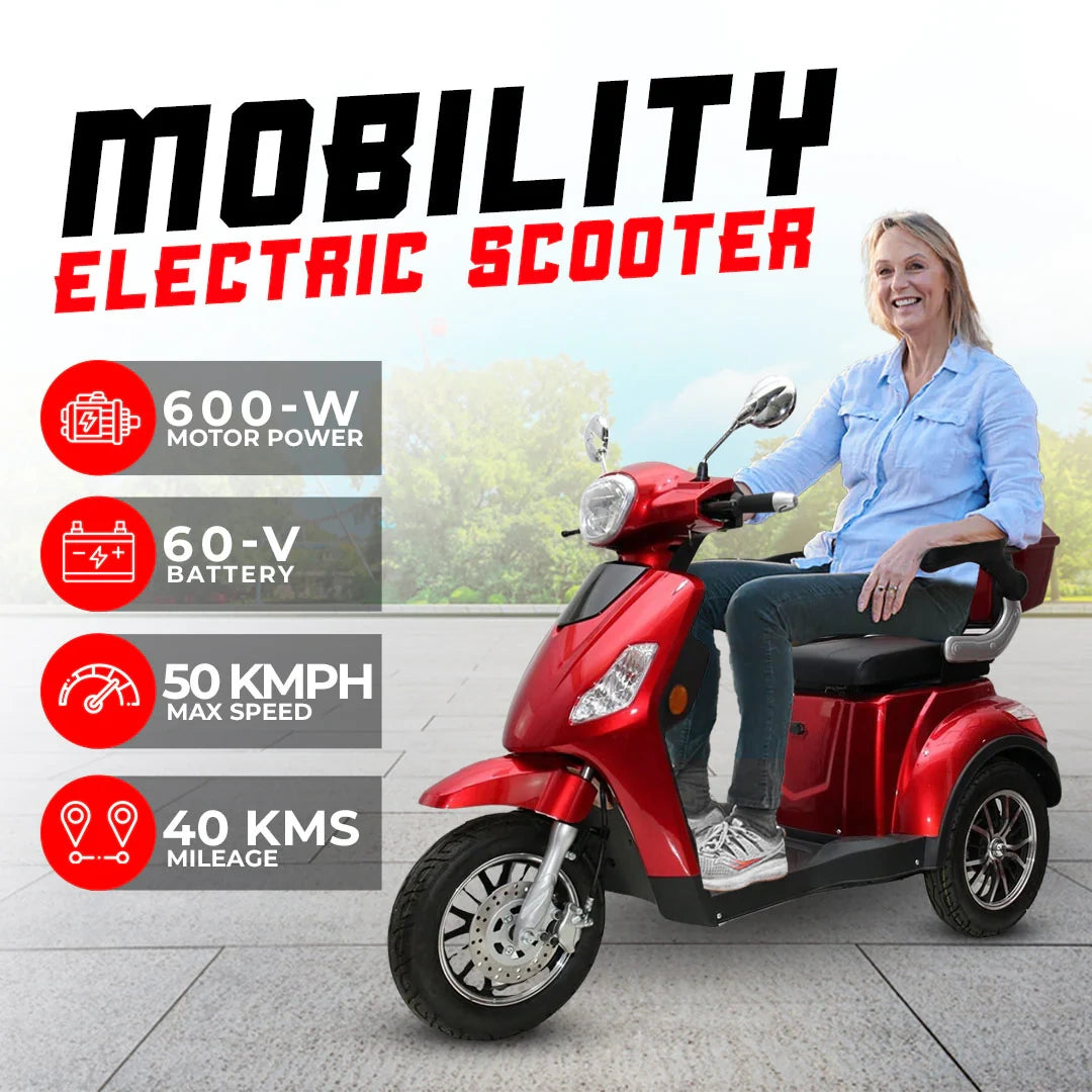 Red mobility electric scooter with a woman sitting on it, featuring specifications on a white background.