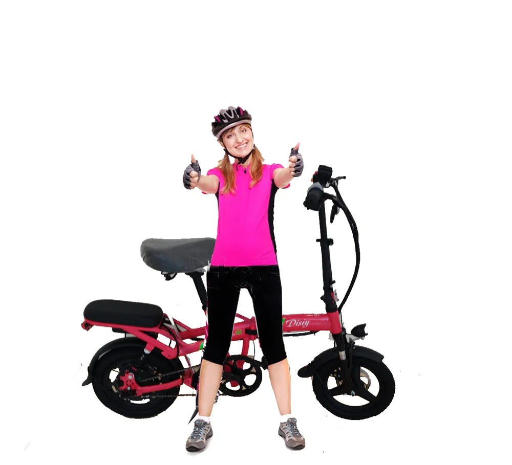 Person in pink shirt and helmet standing next to a red electric bike on a white background