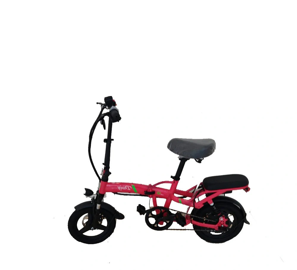 Pink electric bike with black seat and handlebars on a white background