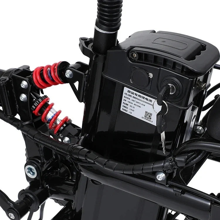 Close-up of a mechanical component with black casing and red springs on a white background