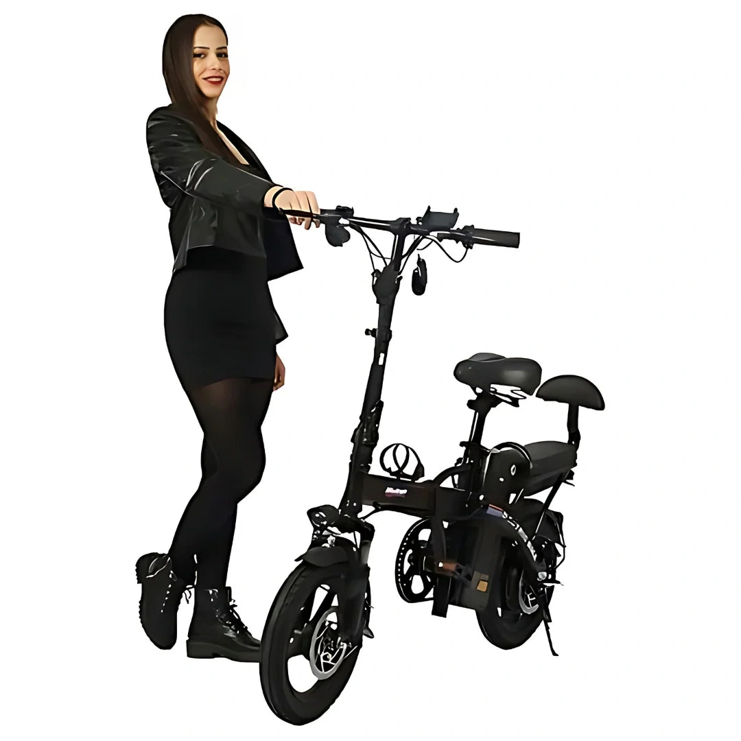 Woman holding a black electric bike on a white background