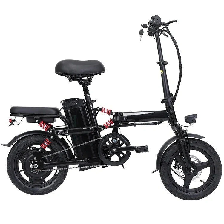 Black electric bike with a visible battery pack on a white background