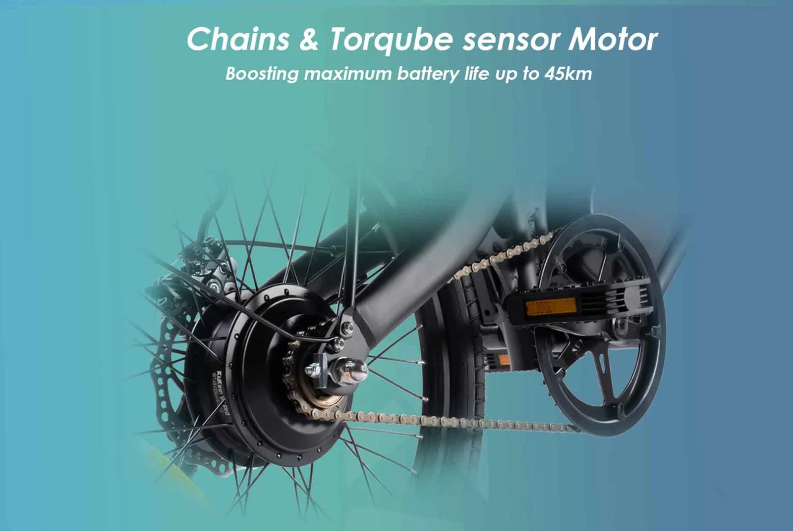 Bicycle chain and torque sensor motor with text on a teal background