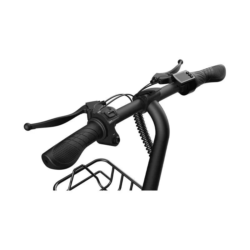 Close-up of a bicycle handlebar with brake levers on a white background