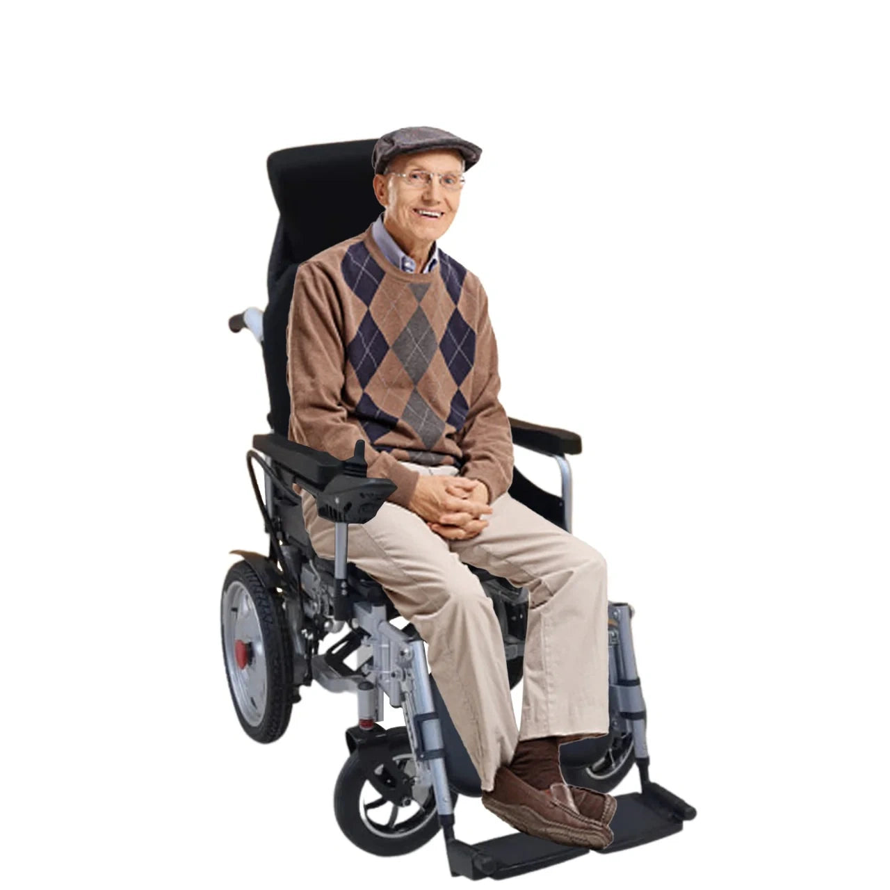 Man sitting in a power wheelchair on a white background