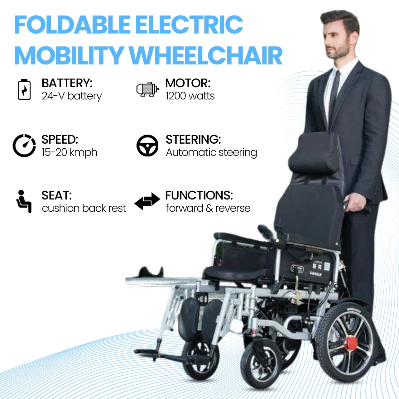 Foldable electric mobility wheelchair with specifications and a man in a suit next to it.