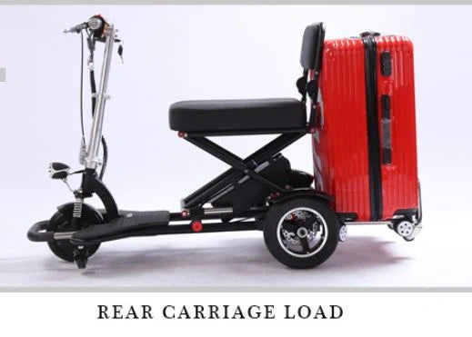 Electric scooter with a red suitcase attached on a white background