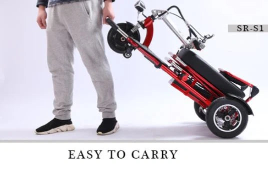 Person holding a red and black portable scooter with 'SR-S1' branding on a white background.