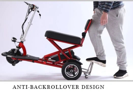 Red mobility scooter with anti-backrollover design on a white background