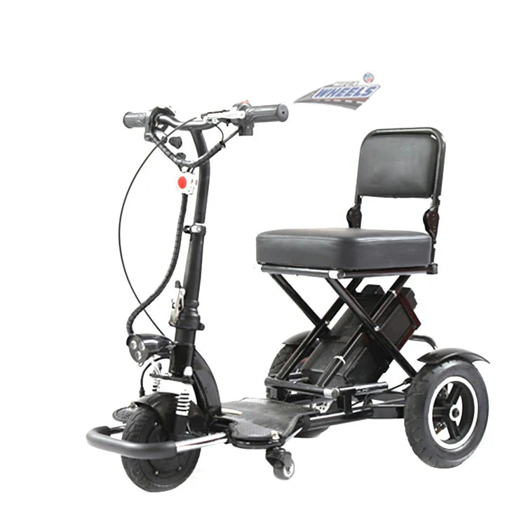 Three-wheeled mobility scooter with a seat on a white background