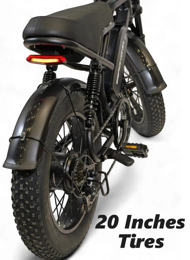 Black electric bike with 20-inch tires on a white background