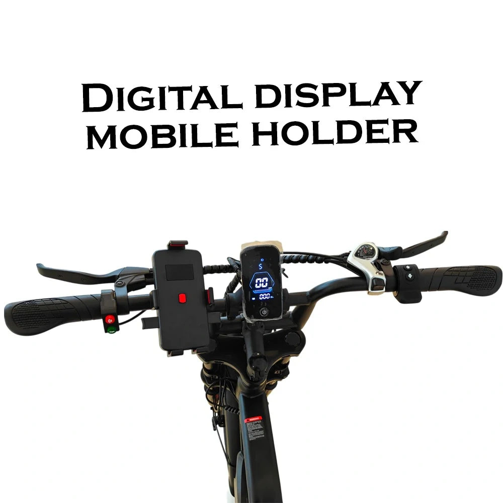 Digital display mobile holder attached to a bicycle handlebar with text 'DIGITAL DISPLAY MOBILE HOLDER' on a white background.