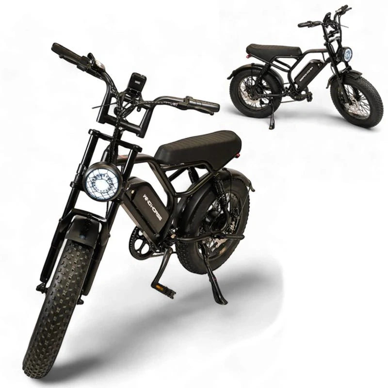 Black electric bike with visible branding on a white background