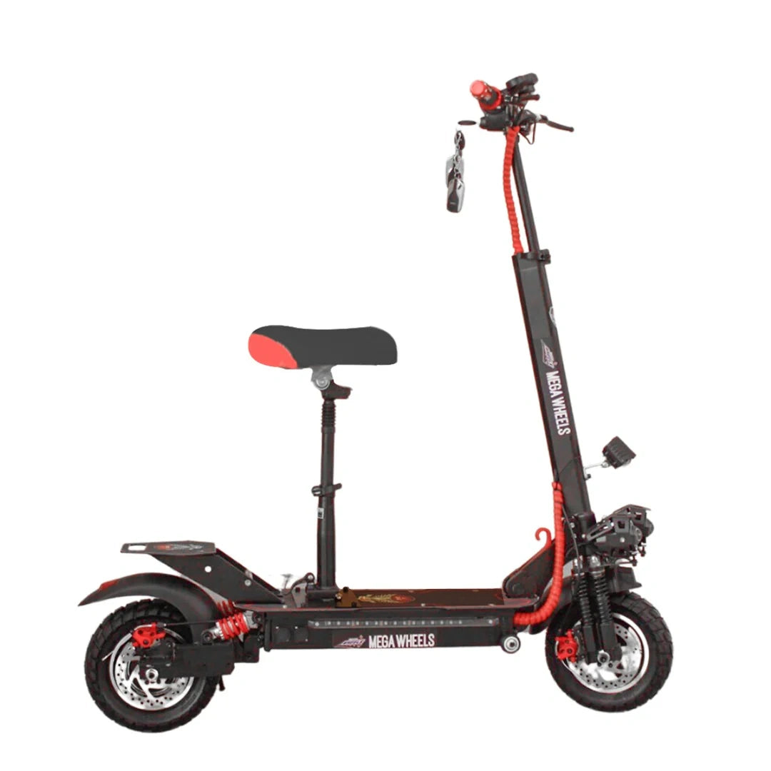 Black and red electric scooter with a seat on a white background