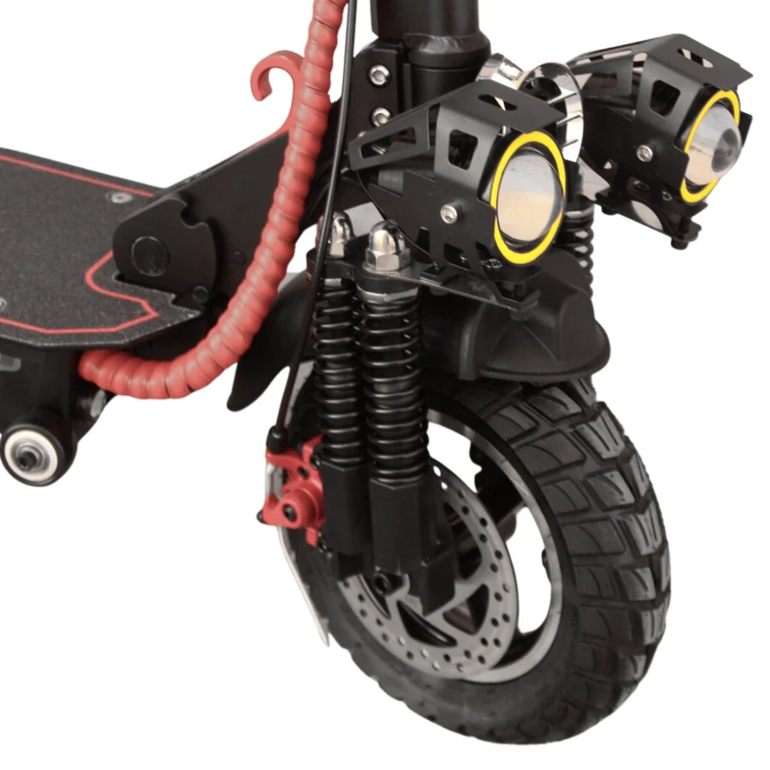 Close-up of a scooter's suspension system with visible components on a white background