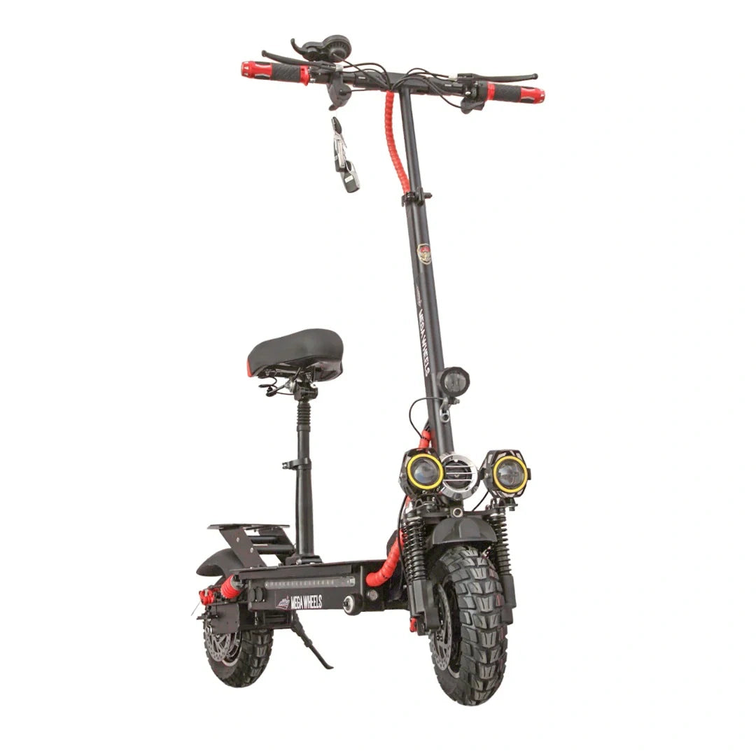 Black electric scooter with red accents on a white background