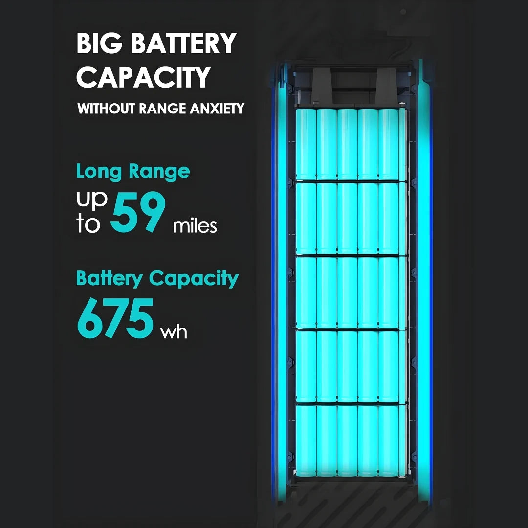 Battery pack with glowing blue interior and text highlighting long range and capacity on a black background