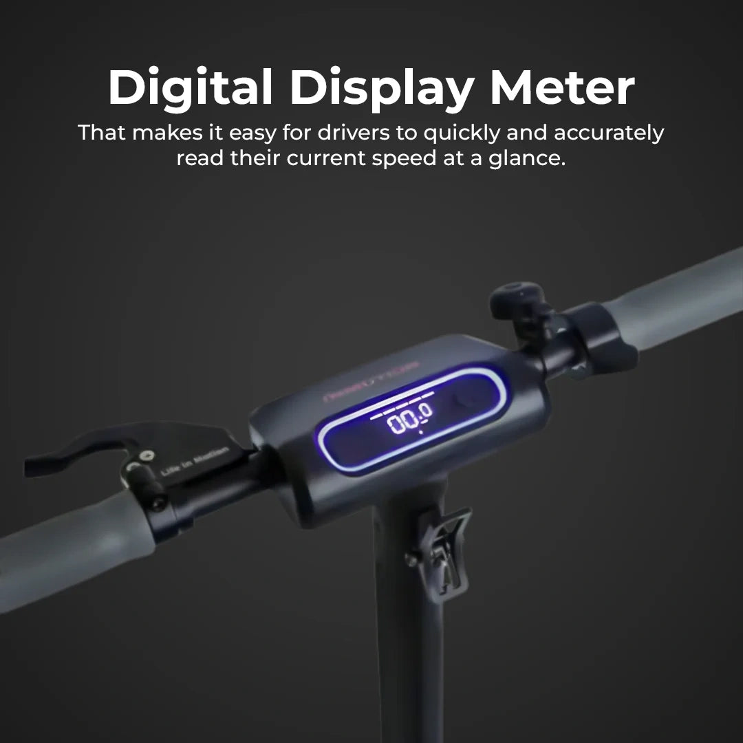 Digital display meter on a scooter handlebar with text describing its function.