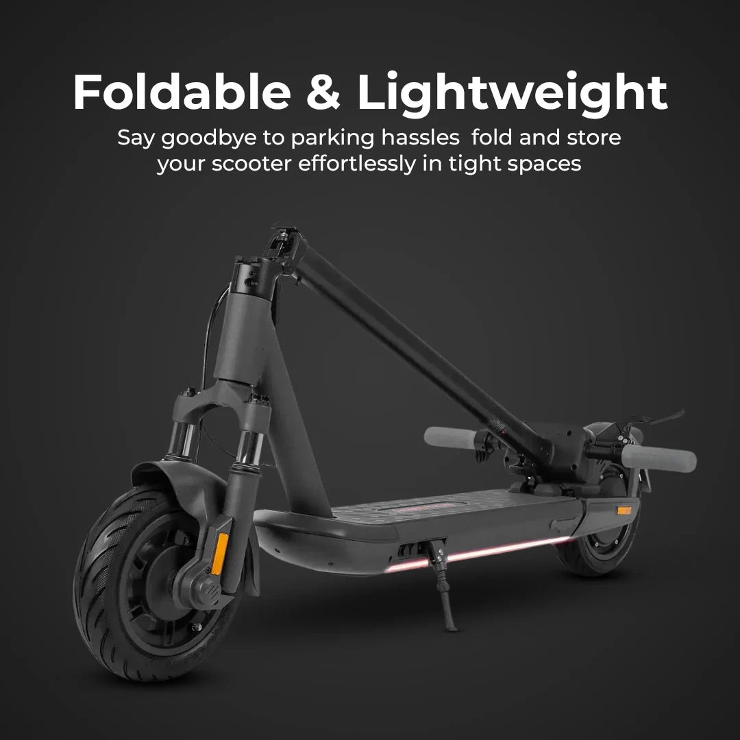 Foldable electric scooter on a dark background with text highlighting its foldable and lightweight features.