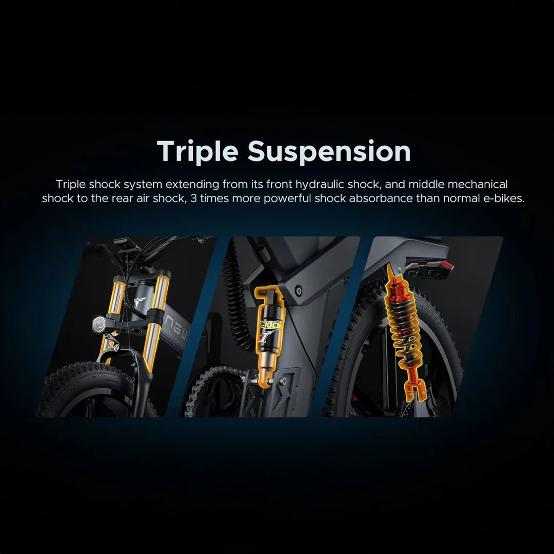Triple suspension system of an electric bike with text explaining its features.