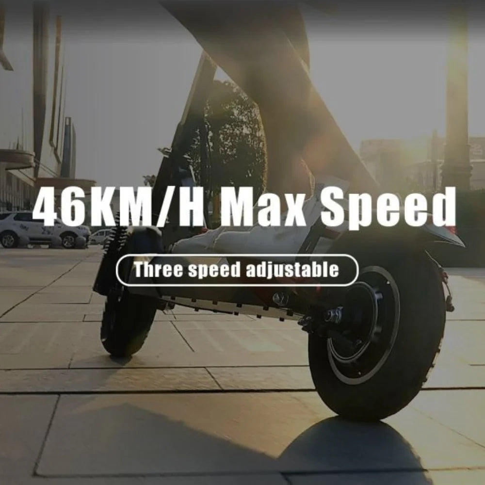 Electric scooter with text indicating maximum speed and adjustable features on a blurred background.