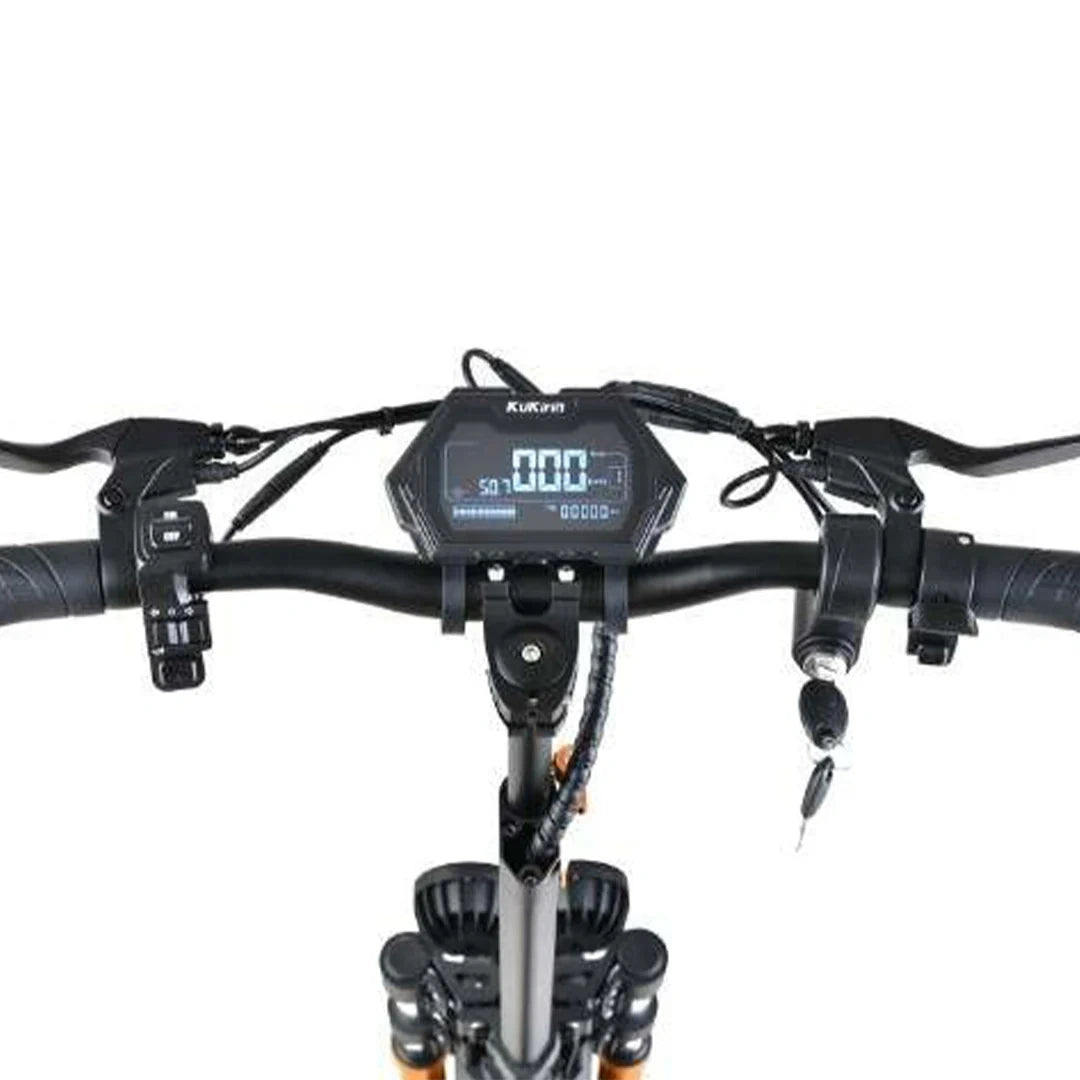 Bicycle handlebar with digital display and controls on a white background