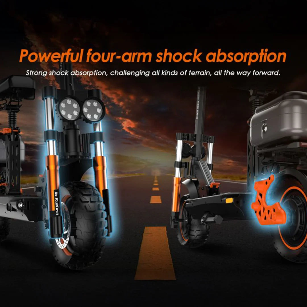 Electric scooter with four-arm shock absorption system on a road background