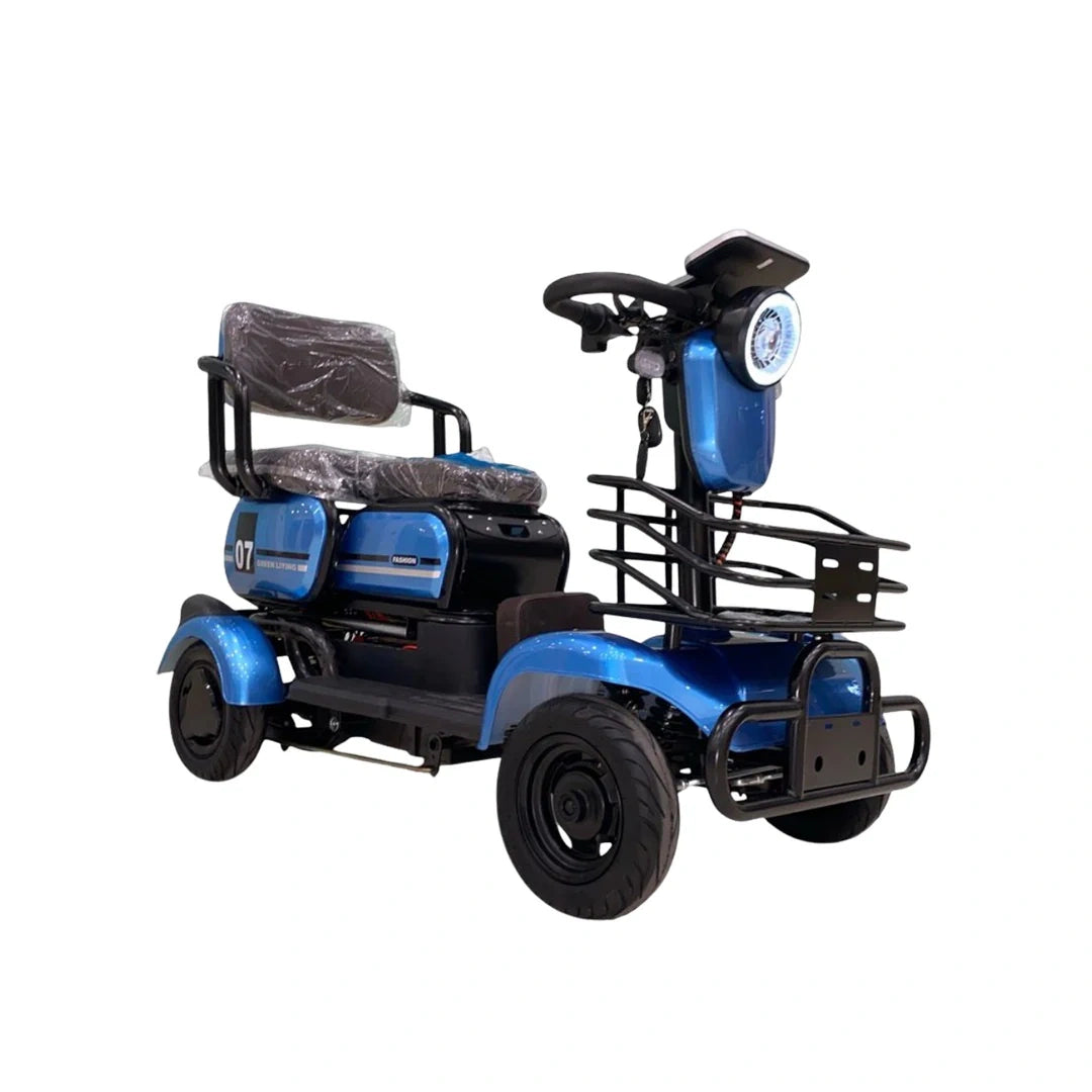 Blue and black golf cart on a white background