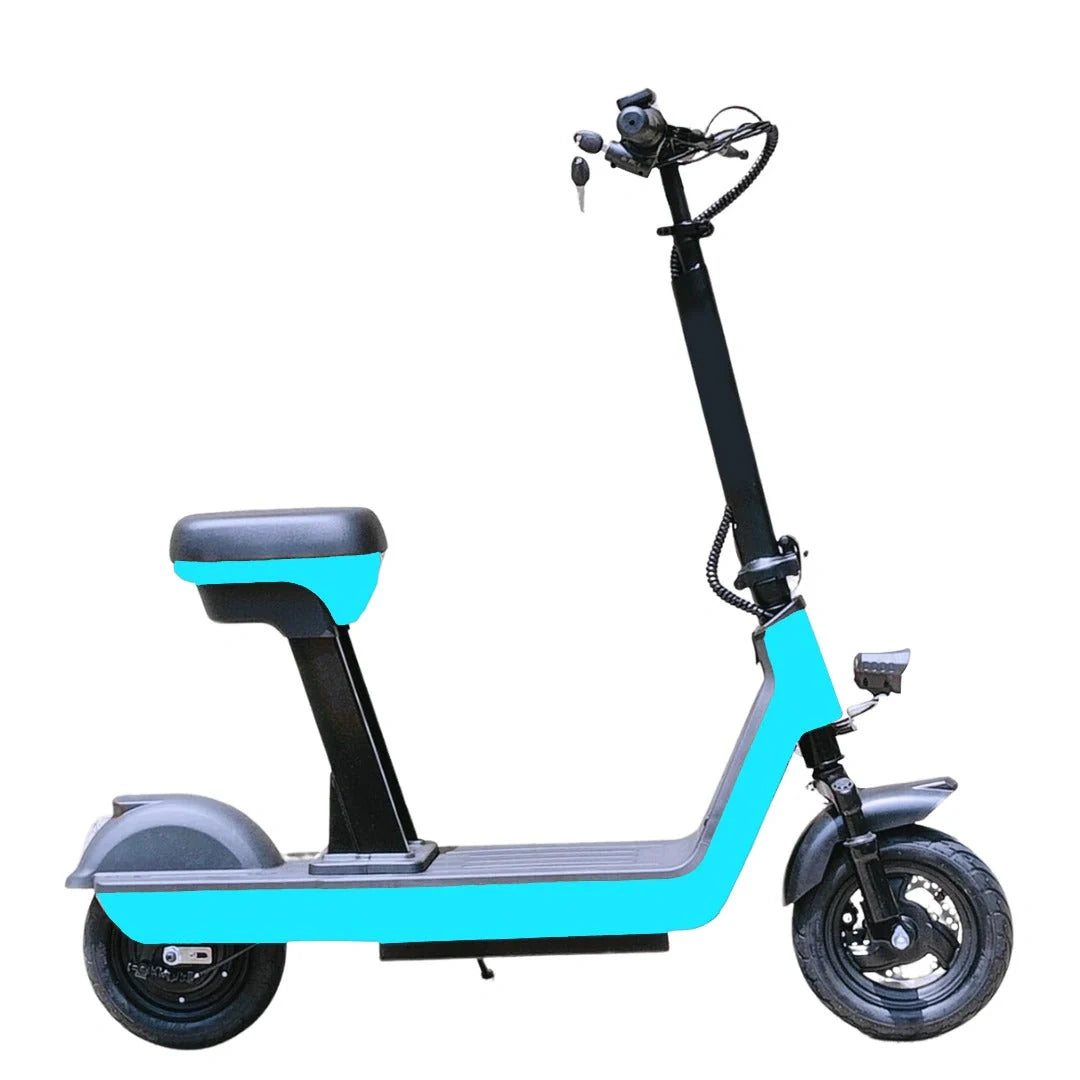 Blue electric scooter with black seat on a white background