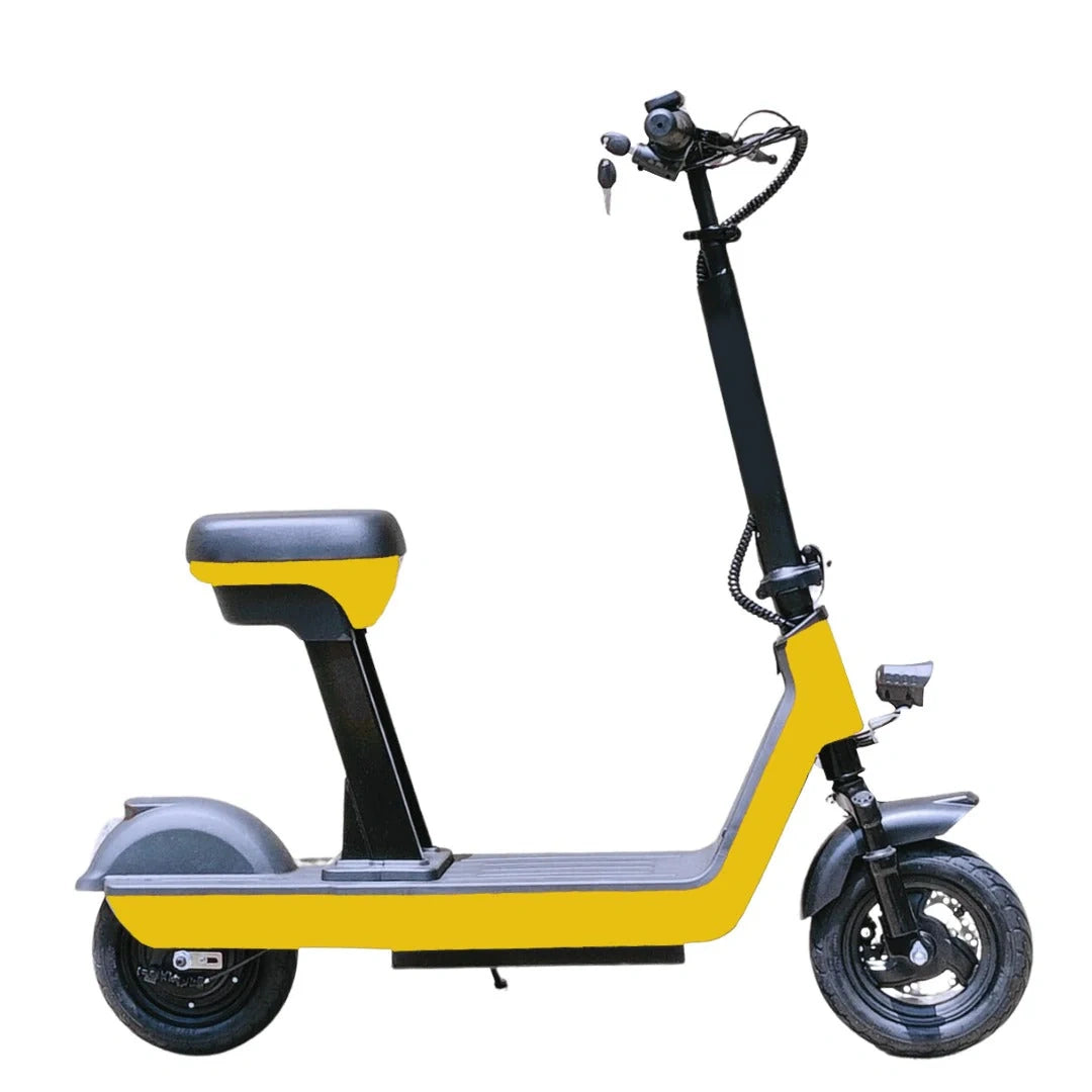 Yellow electric scooter with black seat on a white background