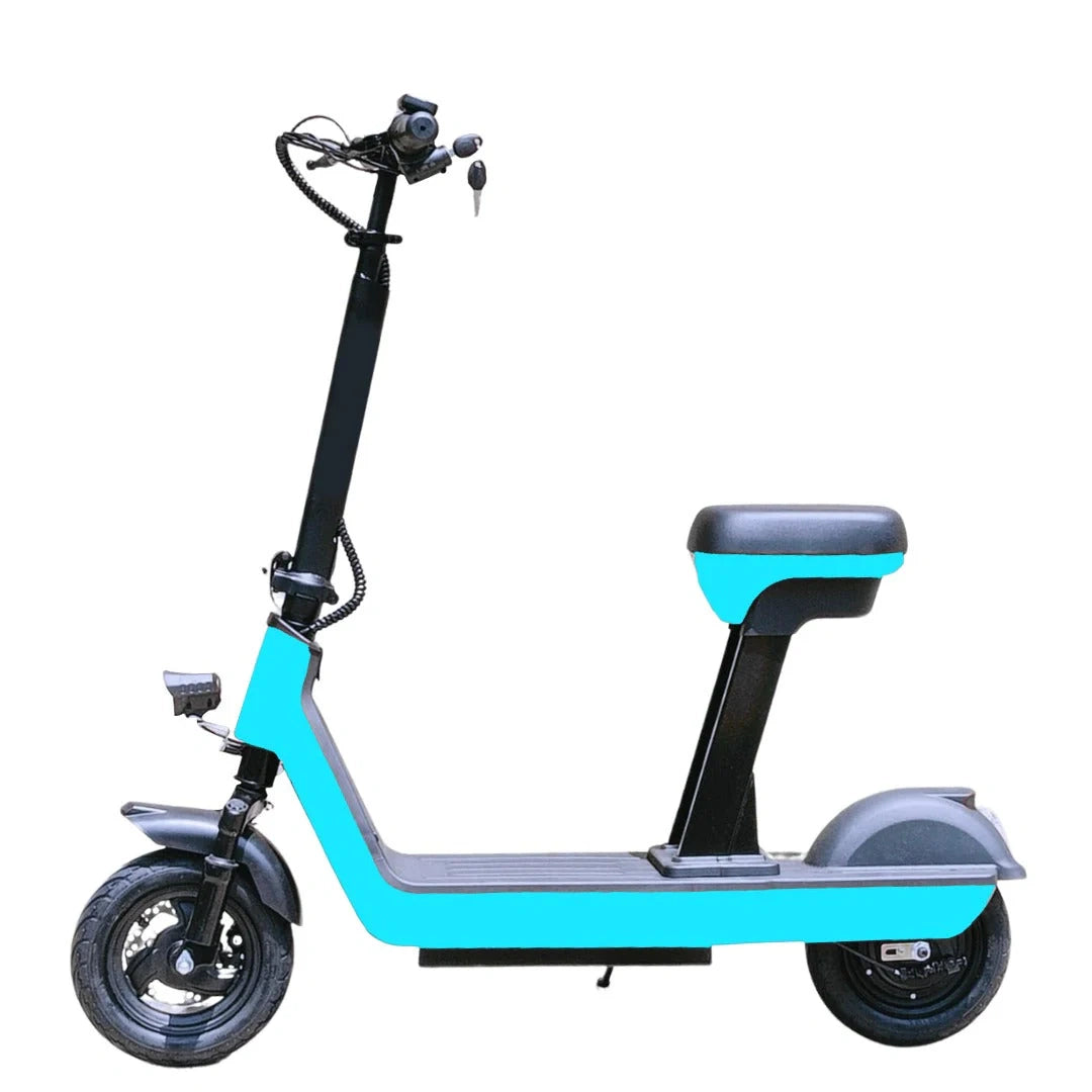 Turquoise electric scooter with black handlebar and seat on a white background