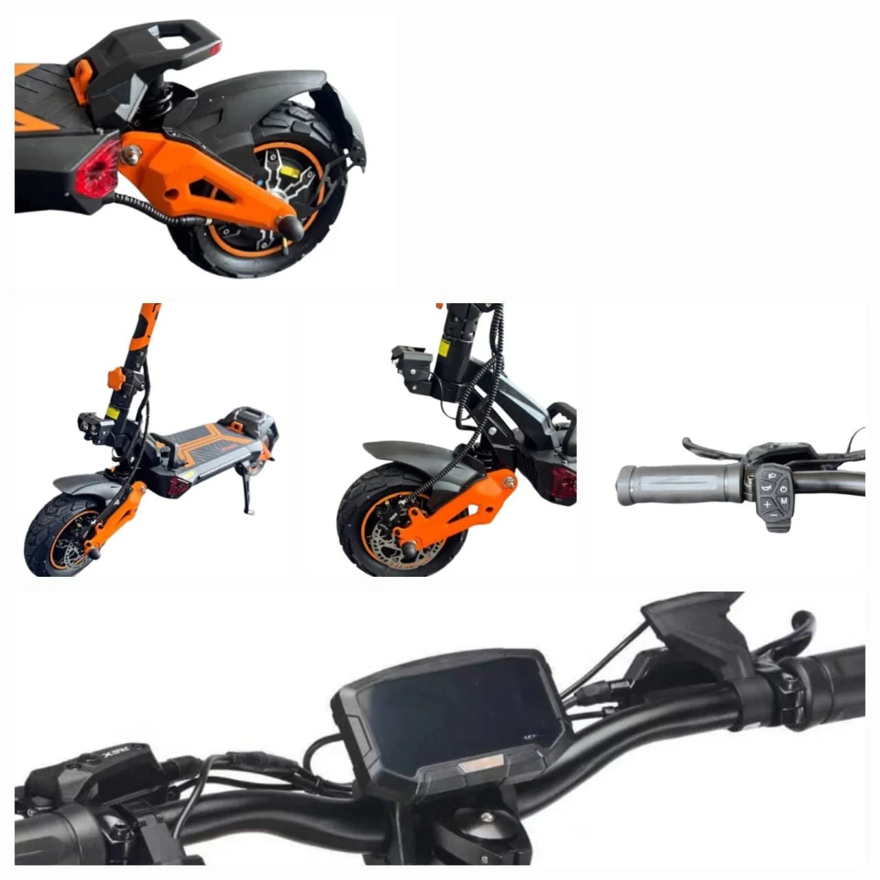 Collage of an electric scooter with different parts on a white background