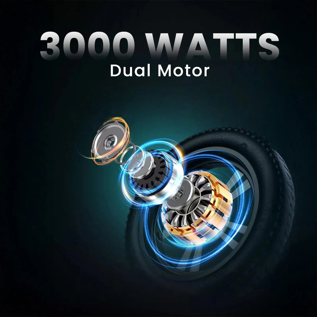 Motor with dual motors and '3000 Watts' text on a dark background