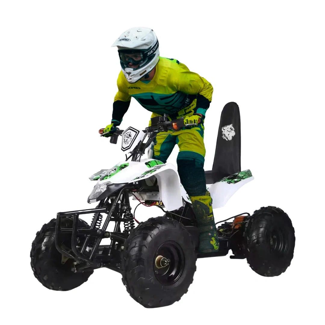 Person riding a quad bike on a white background