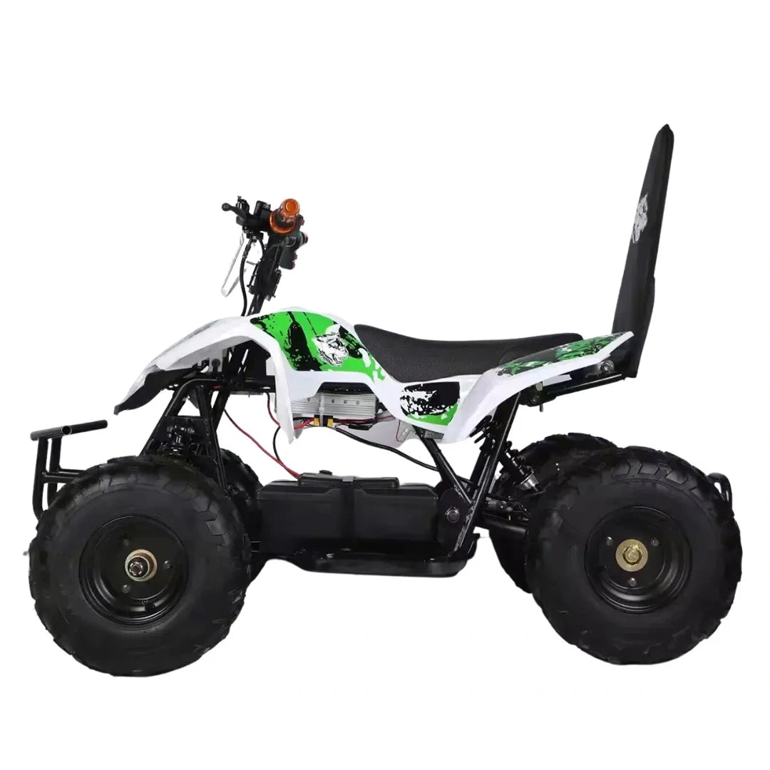 Small ATV with green and black design on a white background