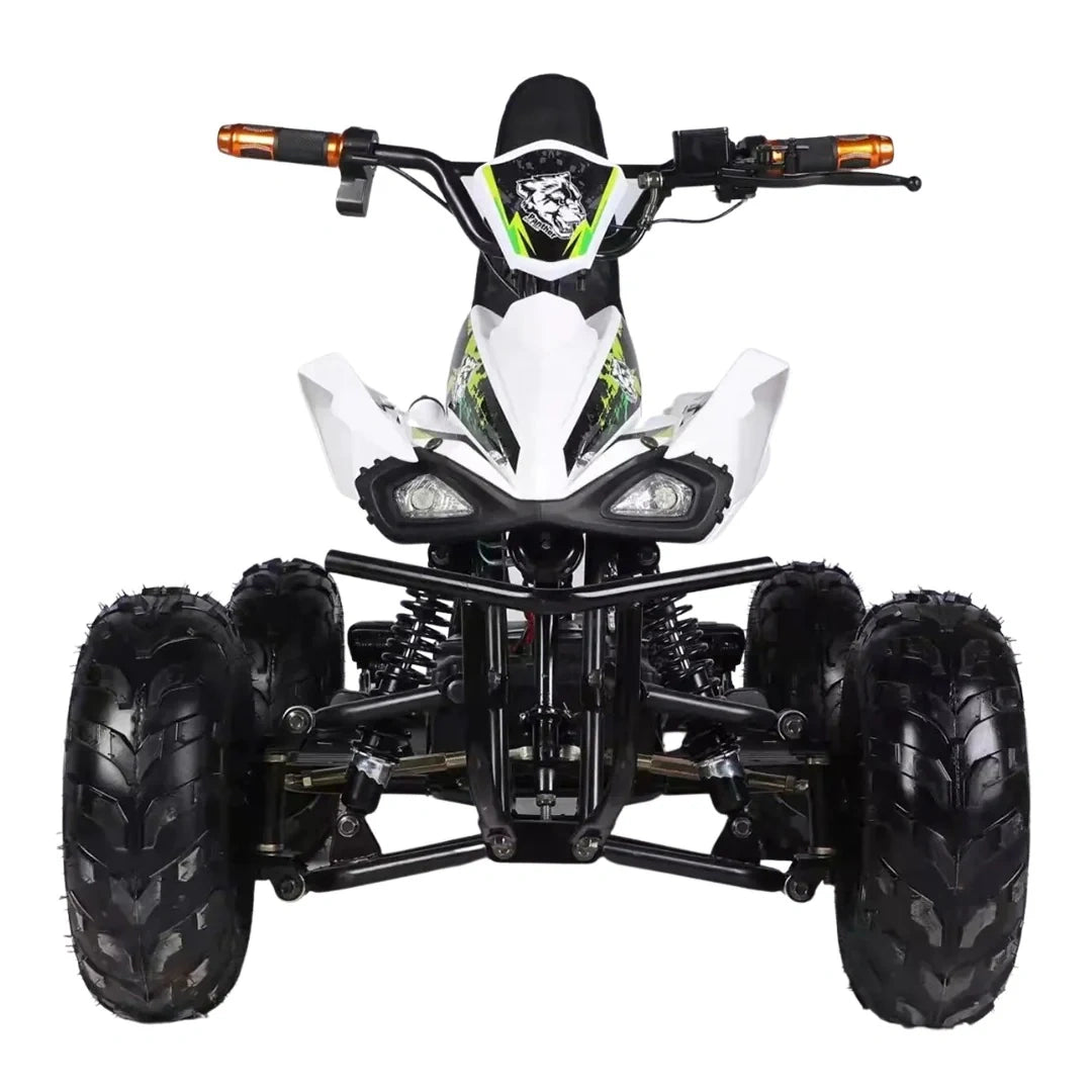 Black ATV with green accents on a white background