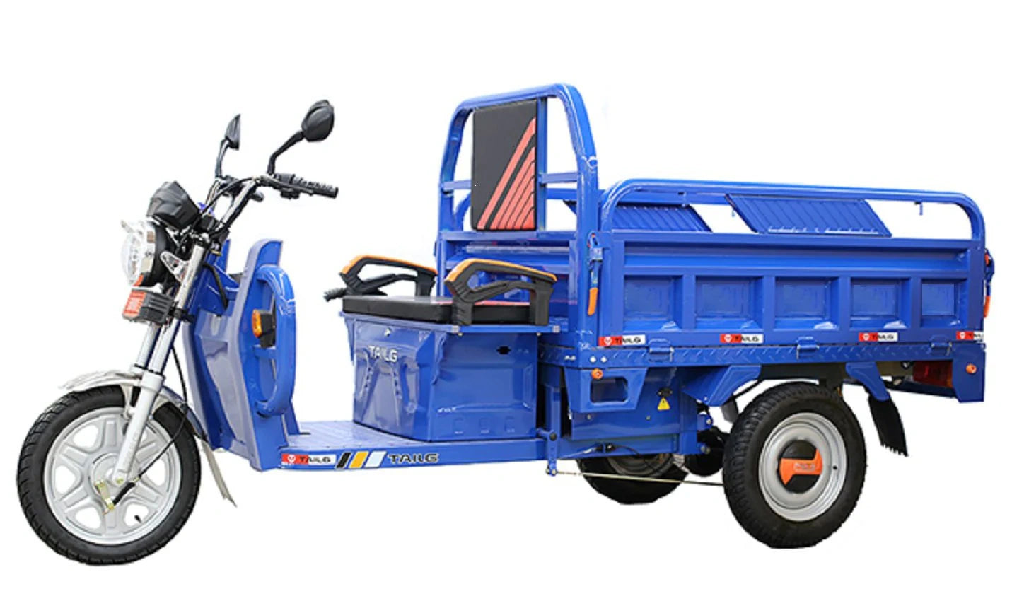Blue cargo tricycle with a small trailer on a white background