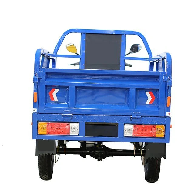 Blue cargo tricycle with a cage on a white background