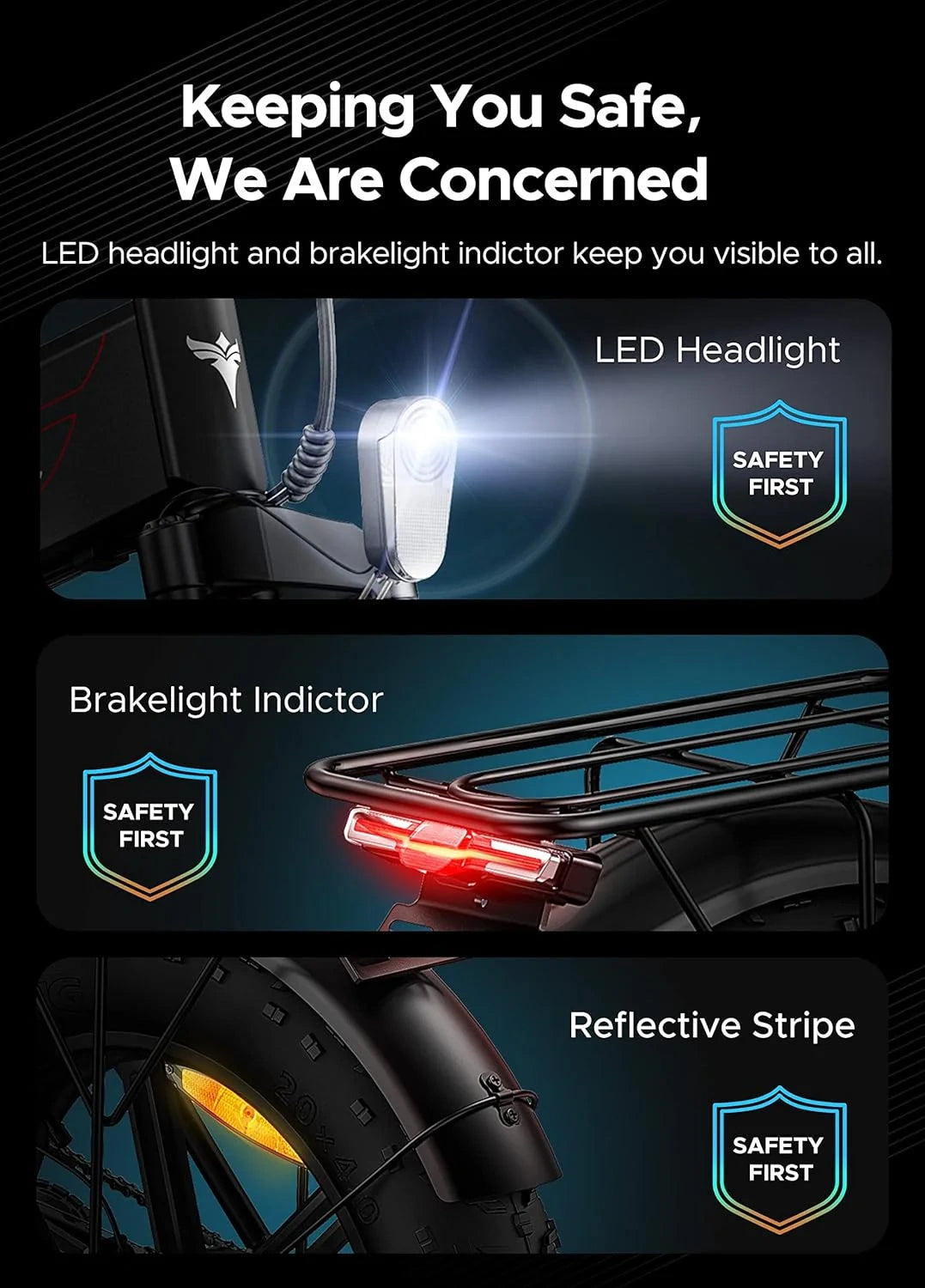 Bicycle safety features with LED headlight, brakelight indicator, and reflective stripe on a dark background.