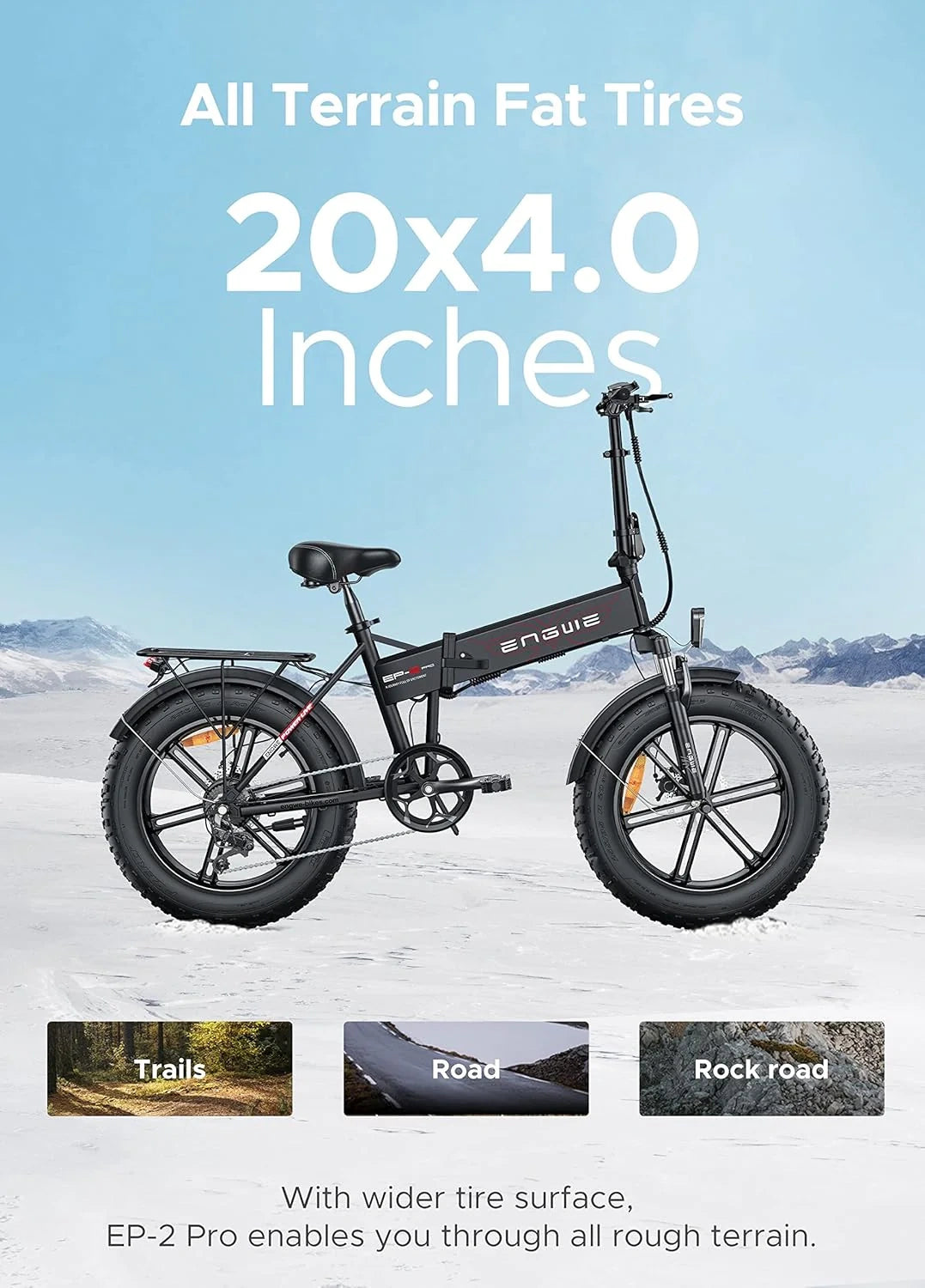 Folding electric bike with large tires on a snowy background, featuring text about tire size and terrain compatibility.